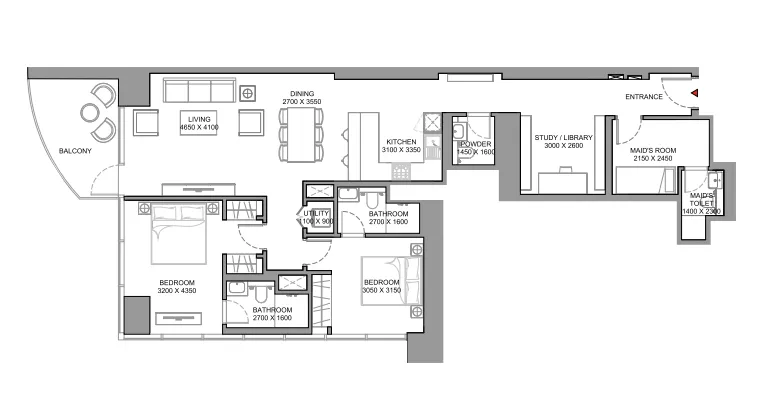 Skyscape 2 bed floor plan, 1,514 – 1,725 sqft