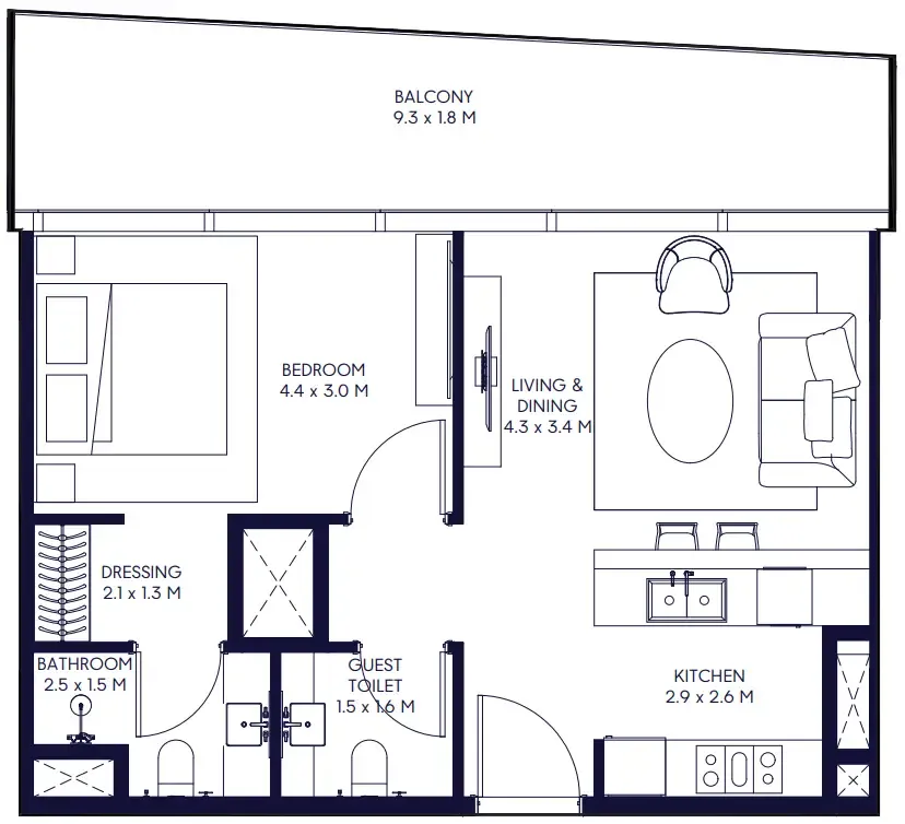 Inaura Hotels & Residences Downtown 1 bed floor plan, 715 – 782 sqft