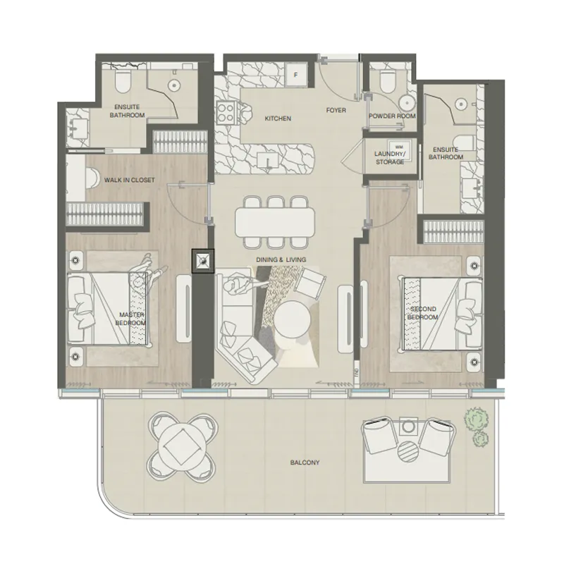 Mondrian Phases 1 and 2 2 bed floor plan, 1,271 – 1,323 sqft
