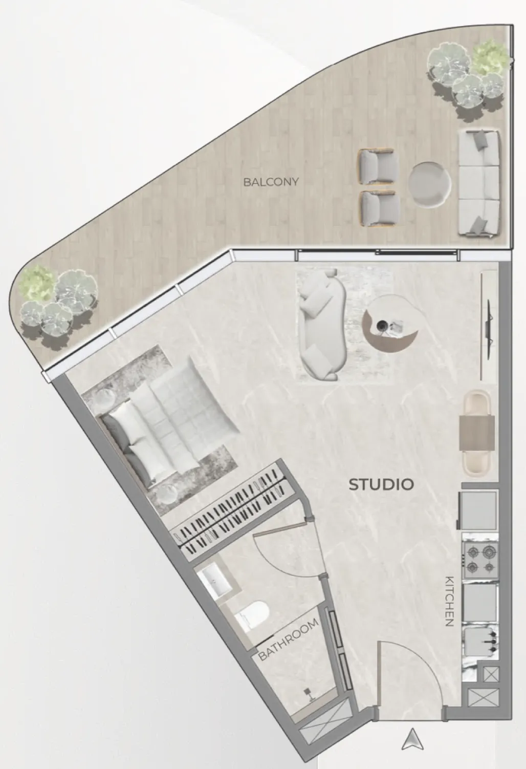 Beverly Grande Studio floor plan, 675 sqft