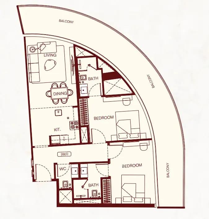 Binghatti Skyflame 2 bed floor plan, 1,212 sqft
