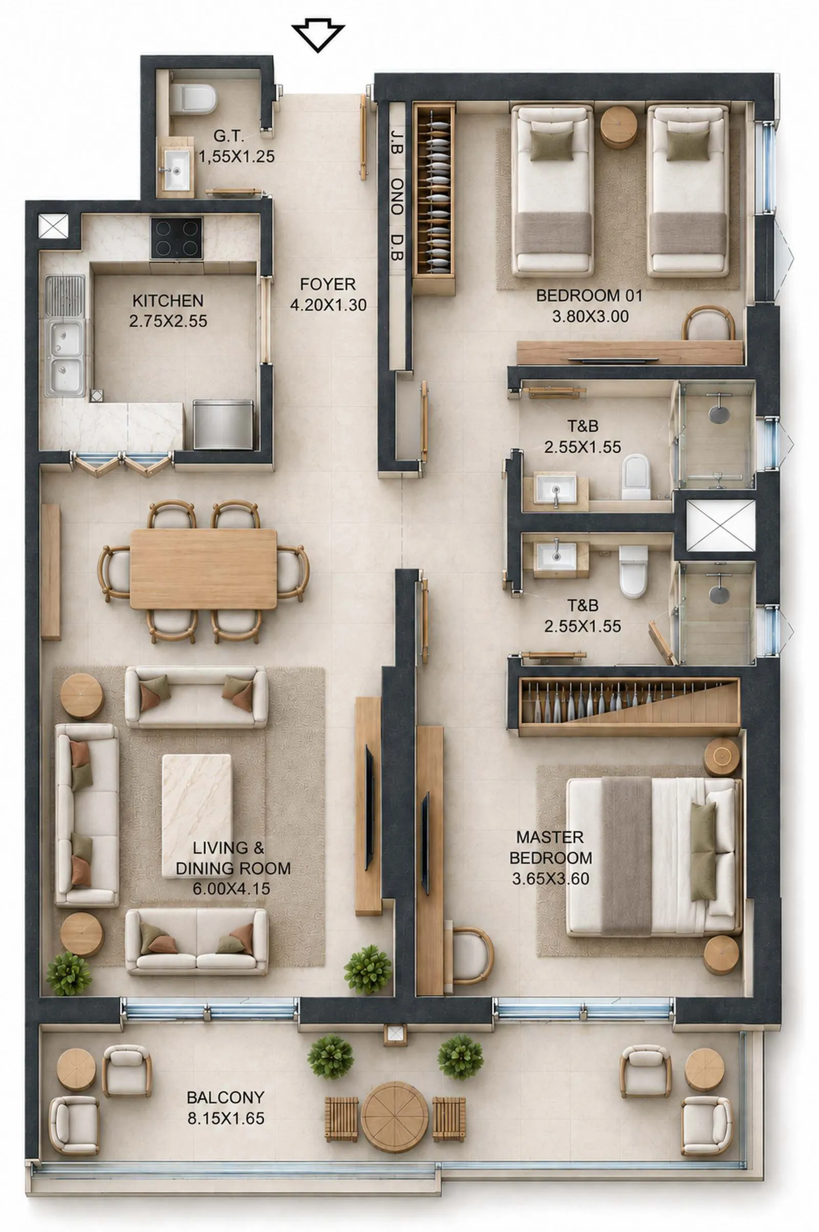 Reeman Residence 02 2 bed floor plan, 1,013 – 1,016 sqft