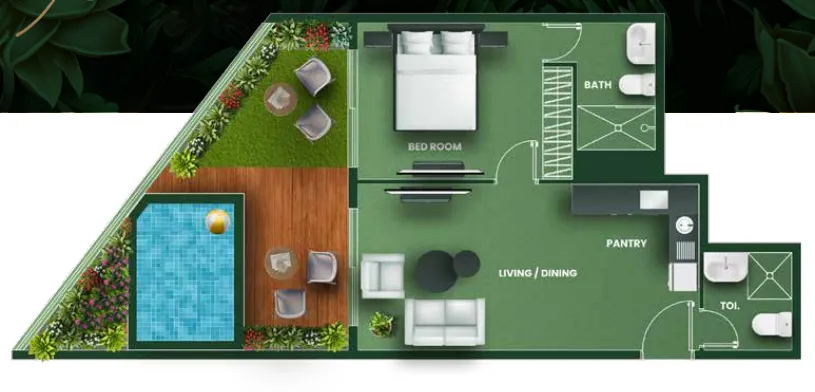 Vincitore Aqua Flora 1 bed floor plan, 865 – 898 sqft