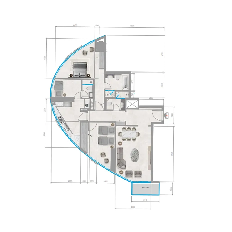 Orchid Towers Phase 1 2 bed floor plan, 1,305 sqft