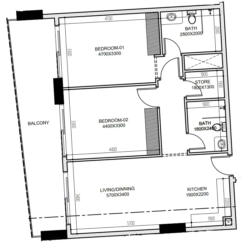 Astra South 2 bed floor plan, 1,077 sqft