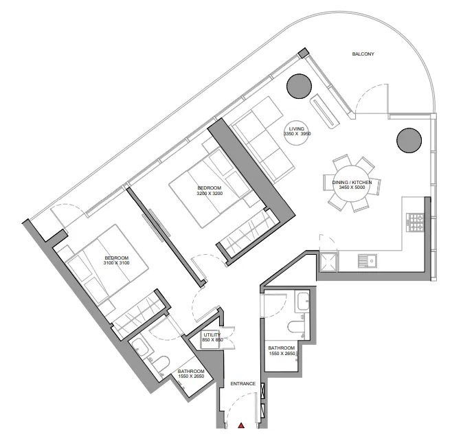 Sobha Solis 2 bed floor plan, 1,125 – 1,126 sqft