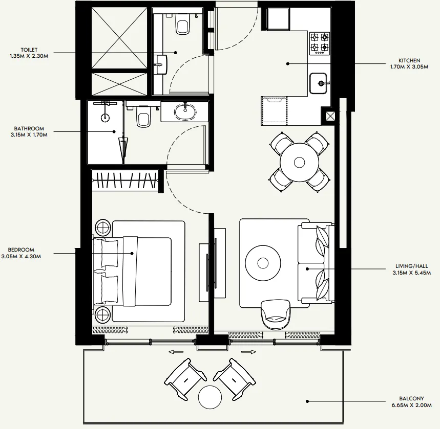Azizi Venice 1 bed floor plan, 736 sqft