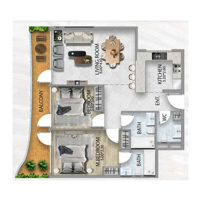 311 Boulevard 2 bed floor plan, 1,110 – 1,202 sqft