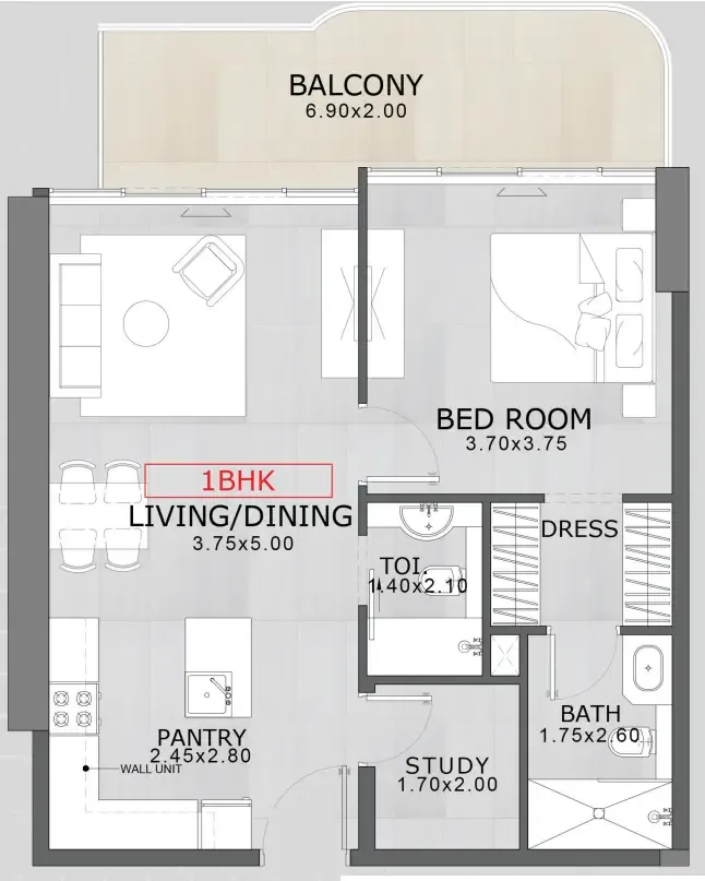 Floarea Skies 1 bed floor plan, 785 sqft