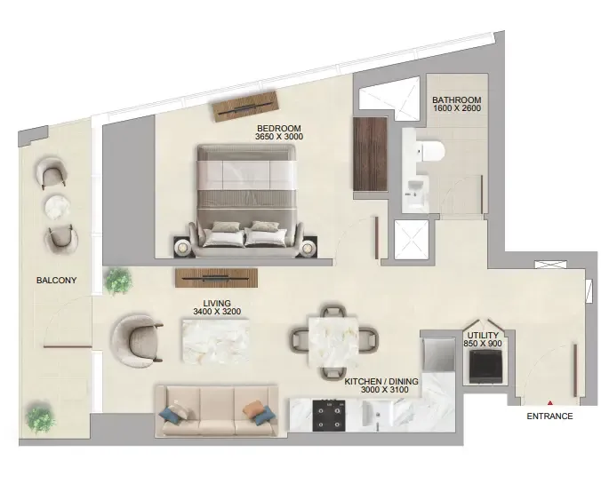 The Tranquil at Sobha Central 1 bed floor plan, 686 sqft