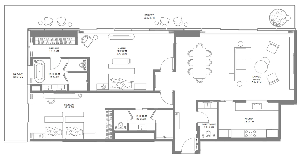 Anantara Sharjah Resort 2 bed floor plan, 2,569 sqft