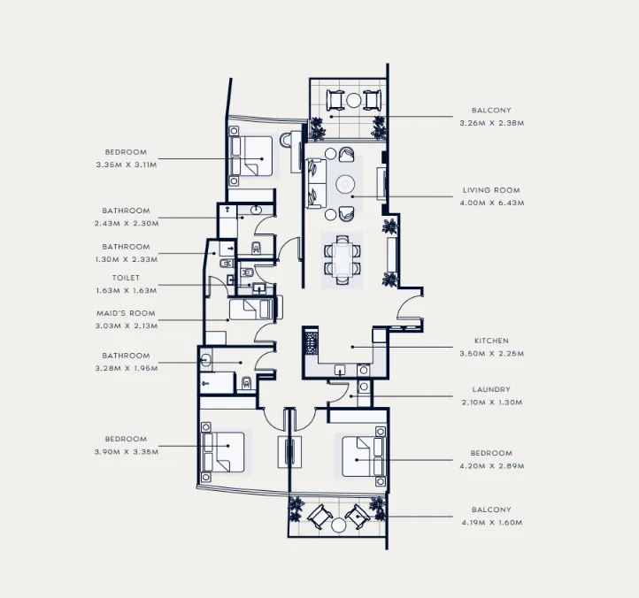 Azizi Venice 3 bed floor plan, 1,617 sqft
