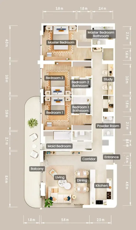 The Beach House Fahid 3 bed floor plan, 2,072 sqft