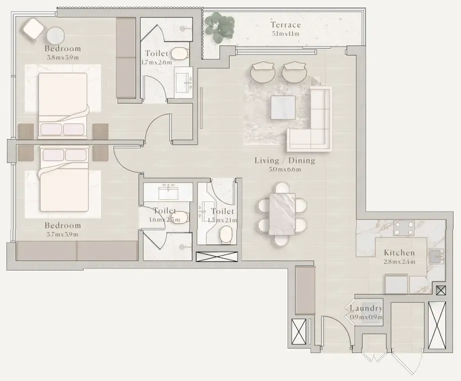 Emerge Residences 2 bed floor plan, 1,072 sqft