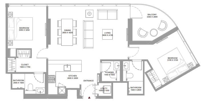 Canalside Marina Residences 2 bed floor plan, 1,020 – 1,022 sqft