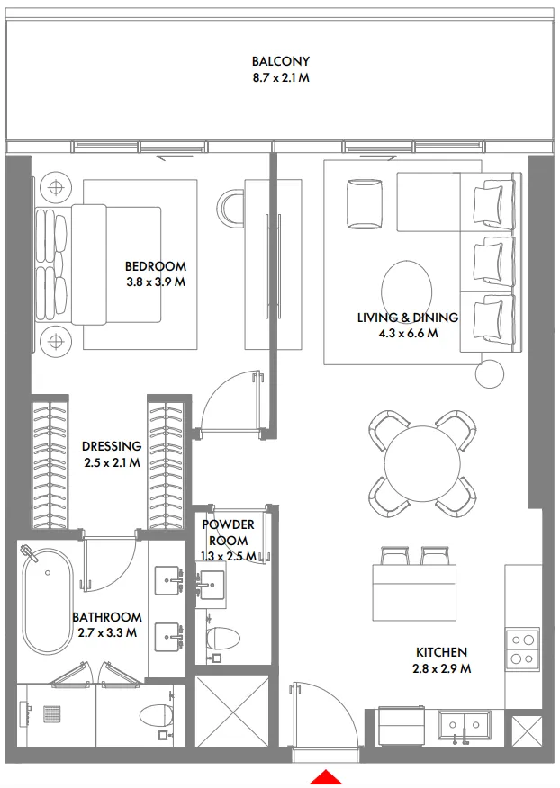 W The Residences by Arada 1 bed floor plan, 1,084 – 1,086 sqft