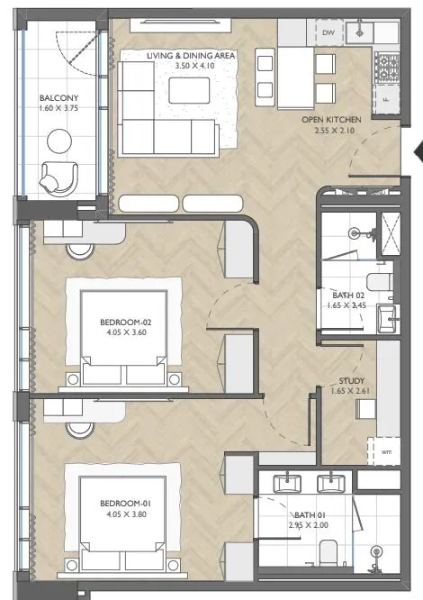 The Collective 2 bed floor plan, 1,004 sqft