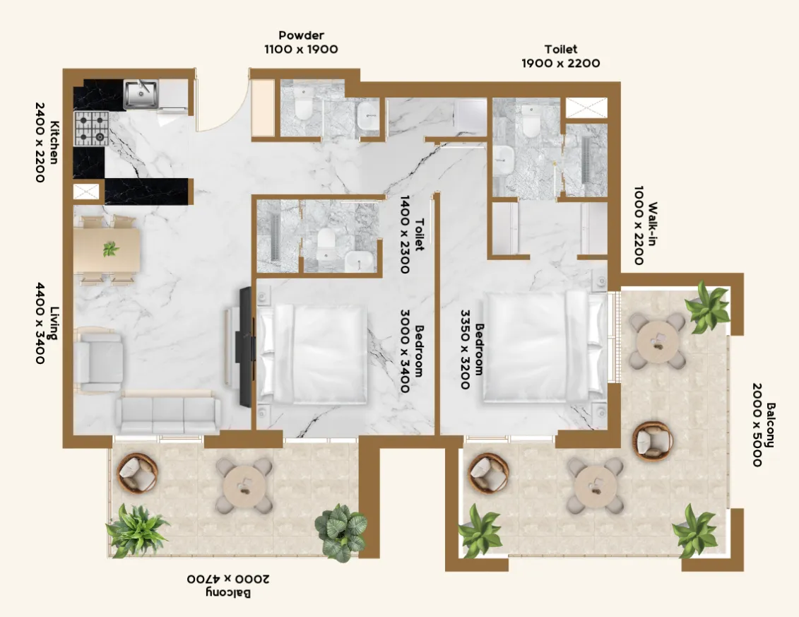RR Residence 2 bed floor plan, 1,138 sqft