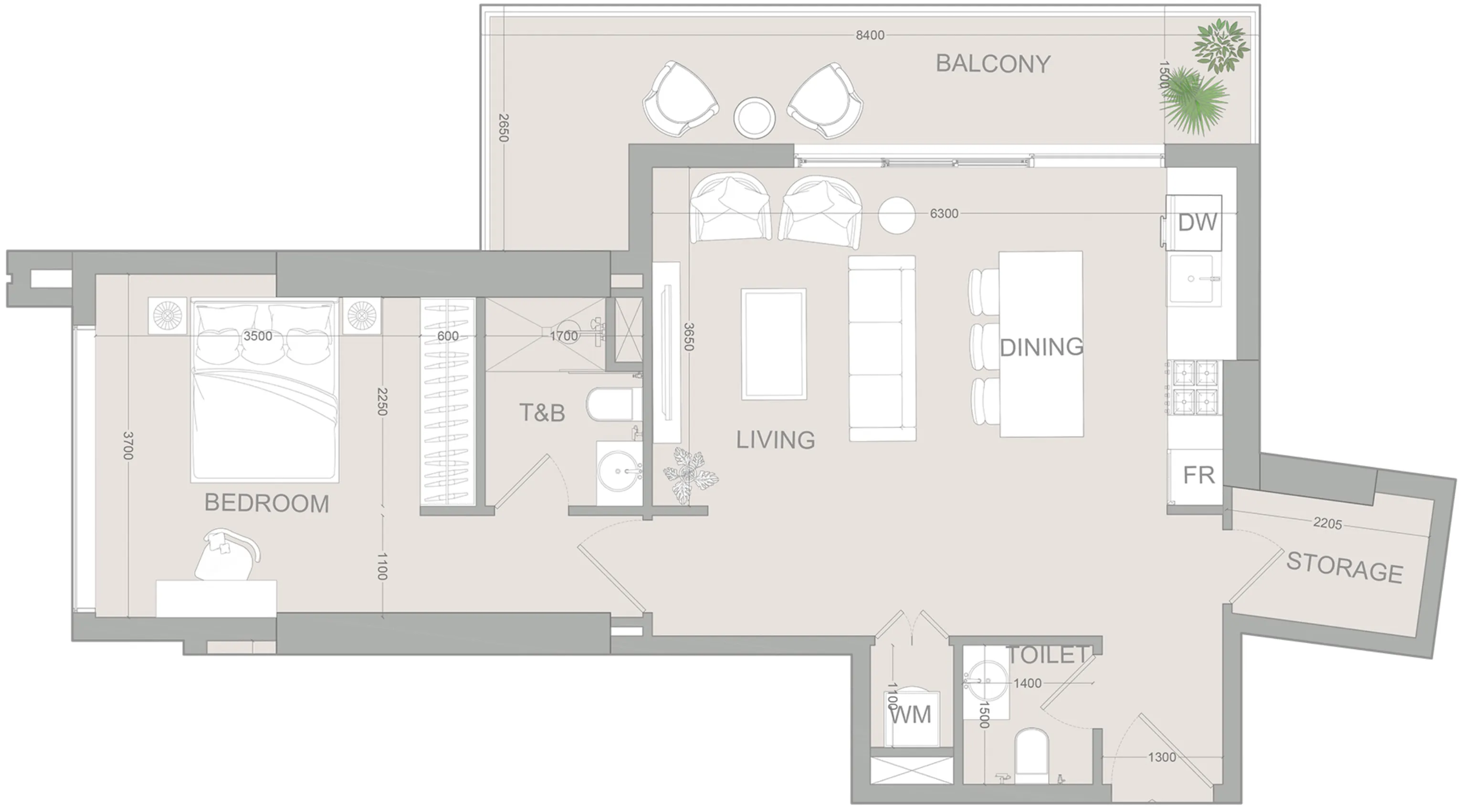 AUREL1A Residence 1 bed floor plan, 877 sqft
