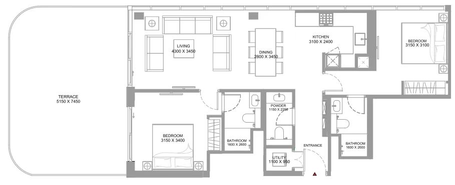 Bayfront Marina Residences 2 bed floor plan, 1,358 – 1,359 sqft