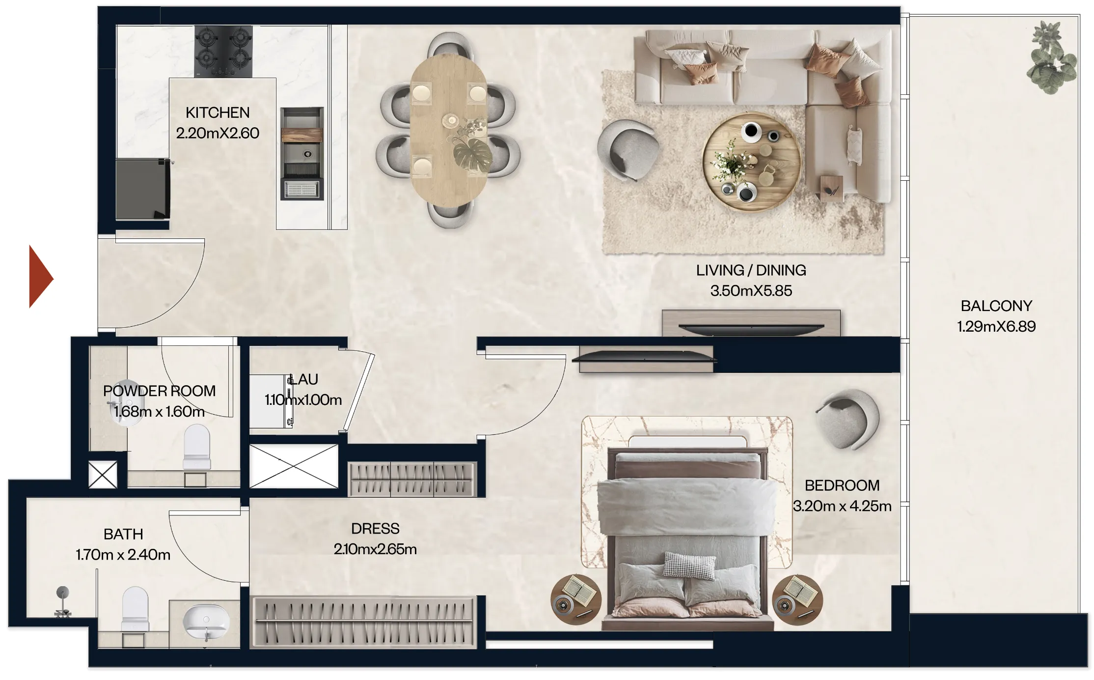 Norah Residence 1 bed floor plan, 774 sqft
