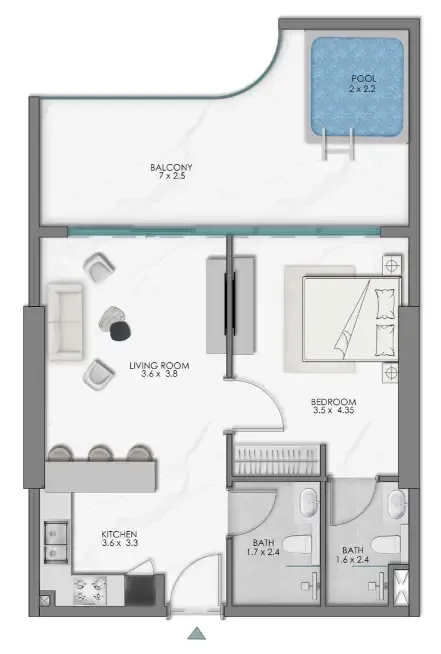 Samana Sky Views 1 bed floor plan, 810 sqft