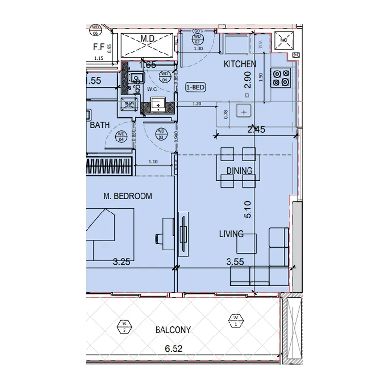 Binghatti Amberhall 1 bed floor plan, 738 sqft