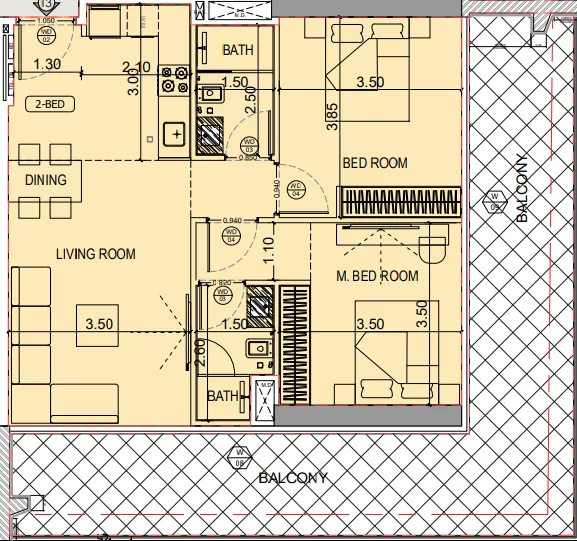 Binghatti Starlight 2 bed floor plan, 1,191 sqft