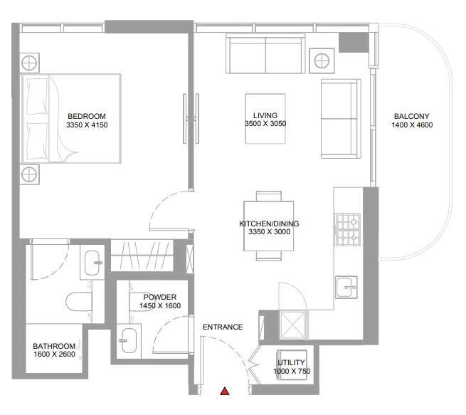 Pristine Beach Residences 1 bed floor plan, 620 sqft