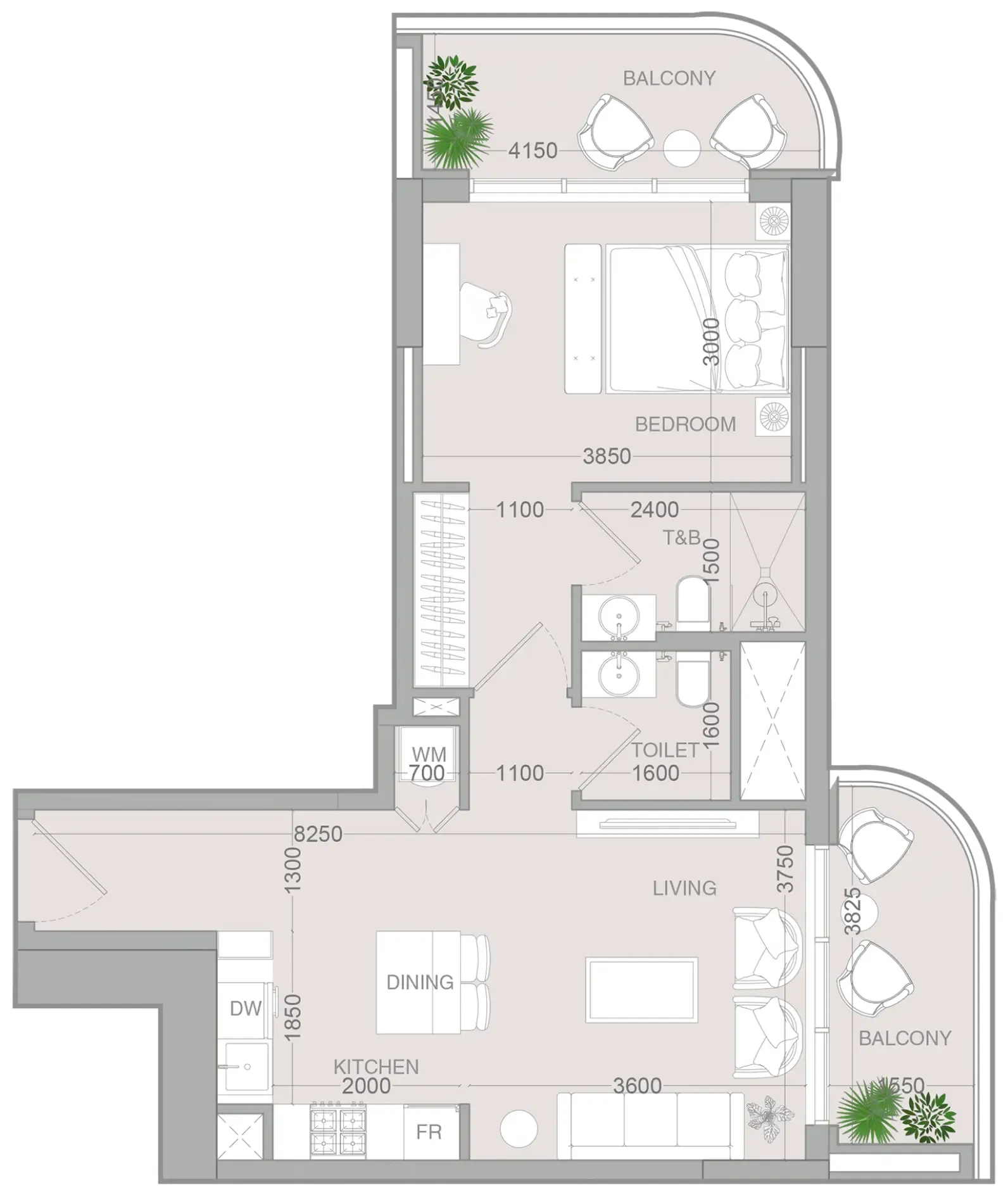 ALTA V1EW 1 bed floor plan, 747 sqft