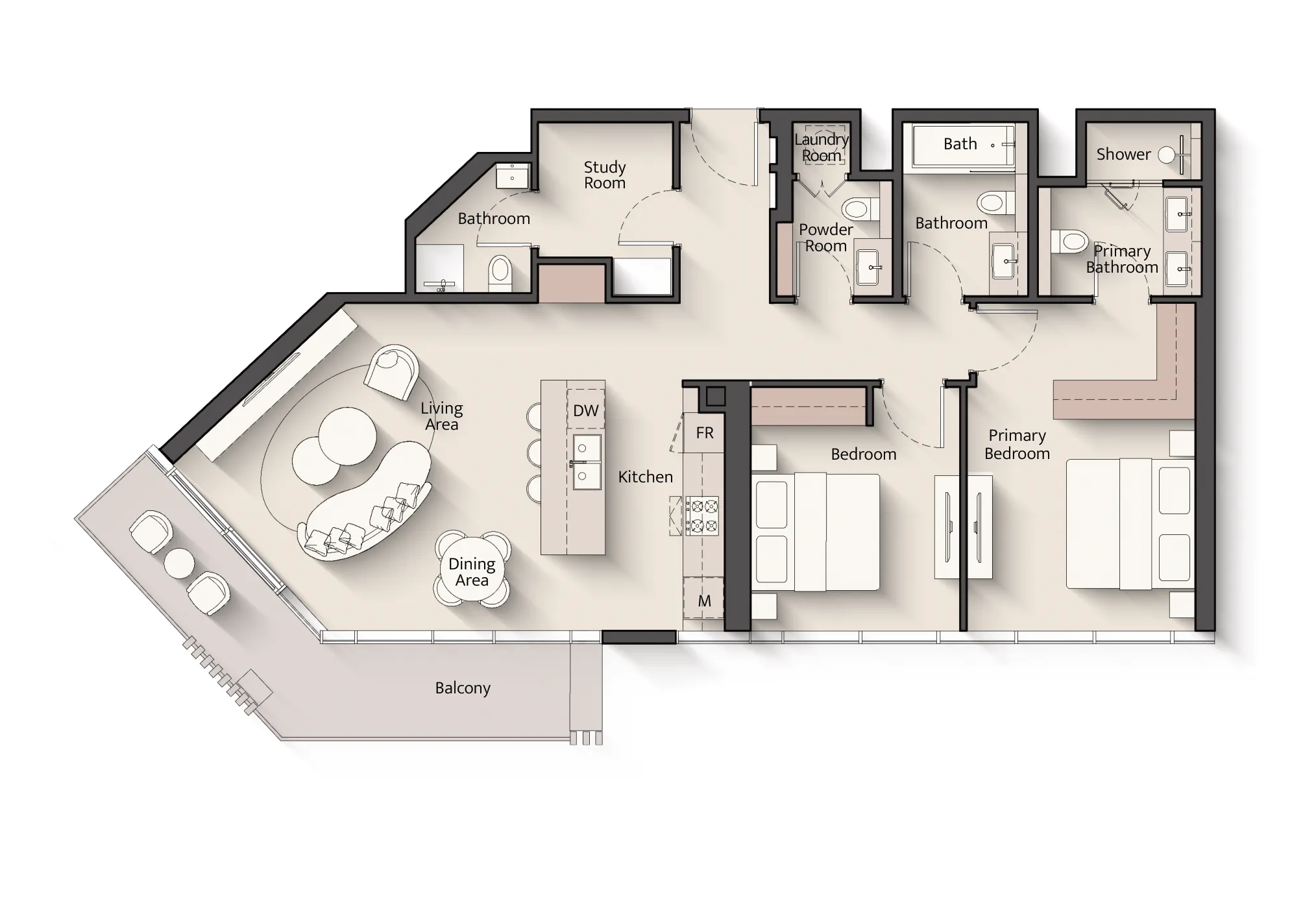 Everly Place 2 bed floor plan, 1,336 – 1,338 sqft