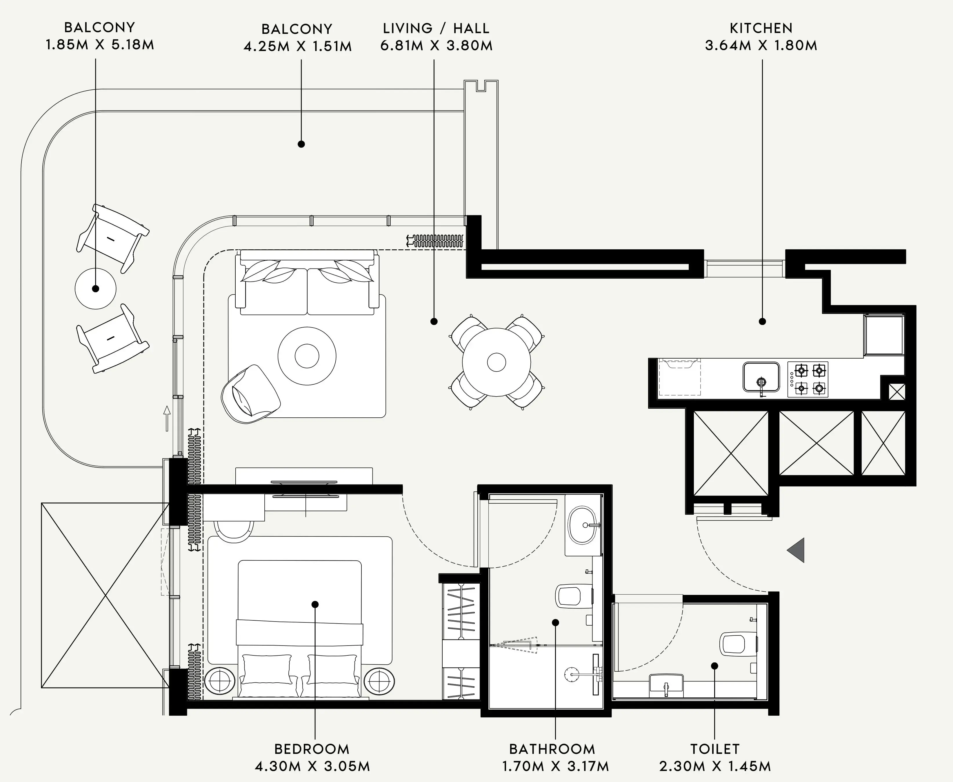 Azizi Venice 1 bed floor plan, 866 sqft