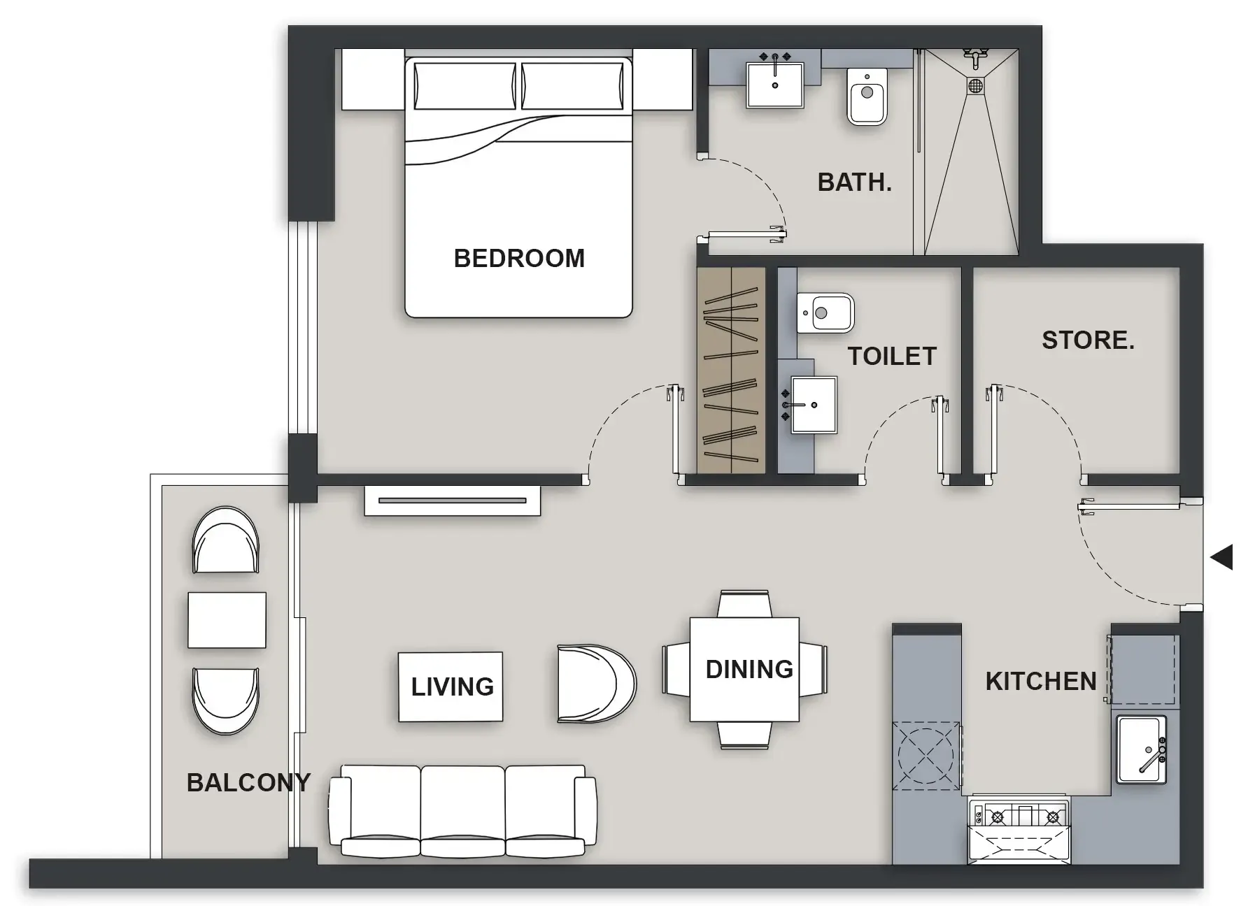 Maison Elysee III 1 bed floor plan, 630 sqft