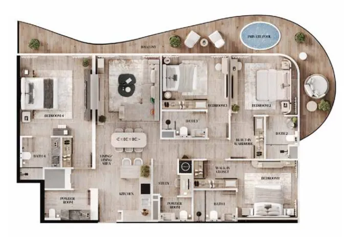 Agua Residences 4 bed floor plan, 1,908 sqft