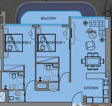 Guzel Towers 2 bed floor plan, 1,074 – 1,075 sqft