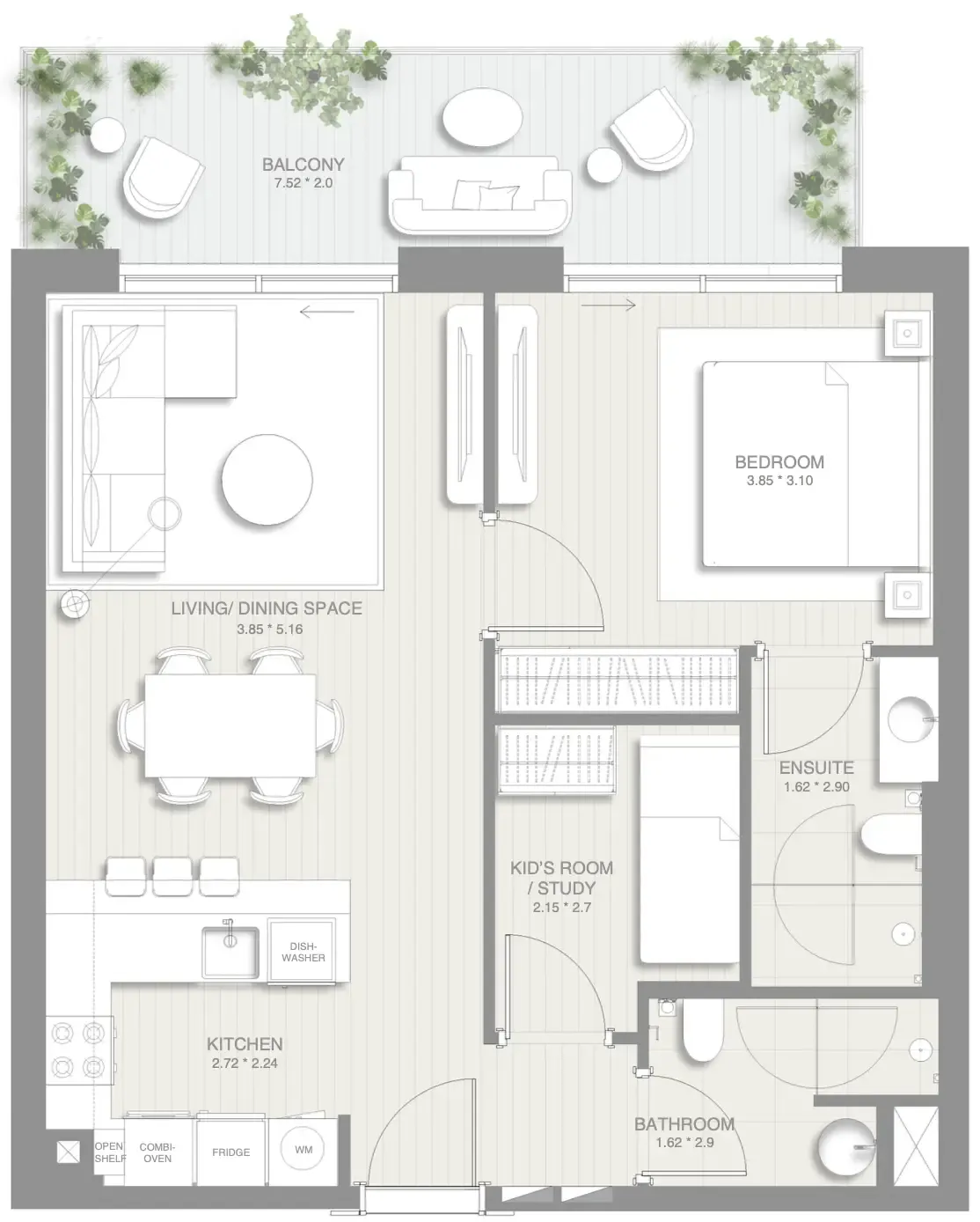 Sol Levante 1 bed floor plan, 870 sqft