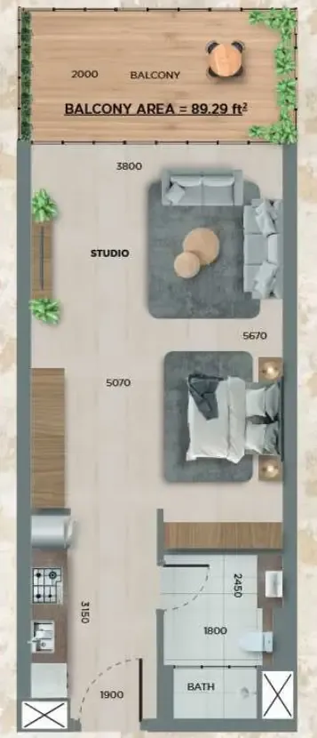 368 Park Ln. Studio floor plan, 442 sqft