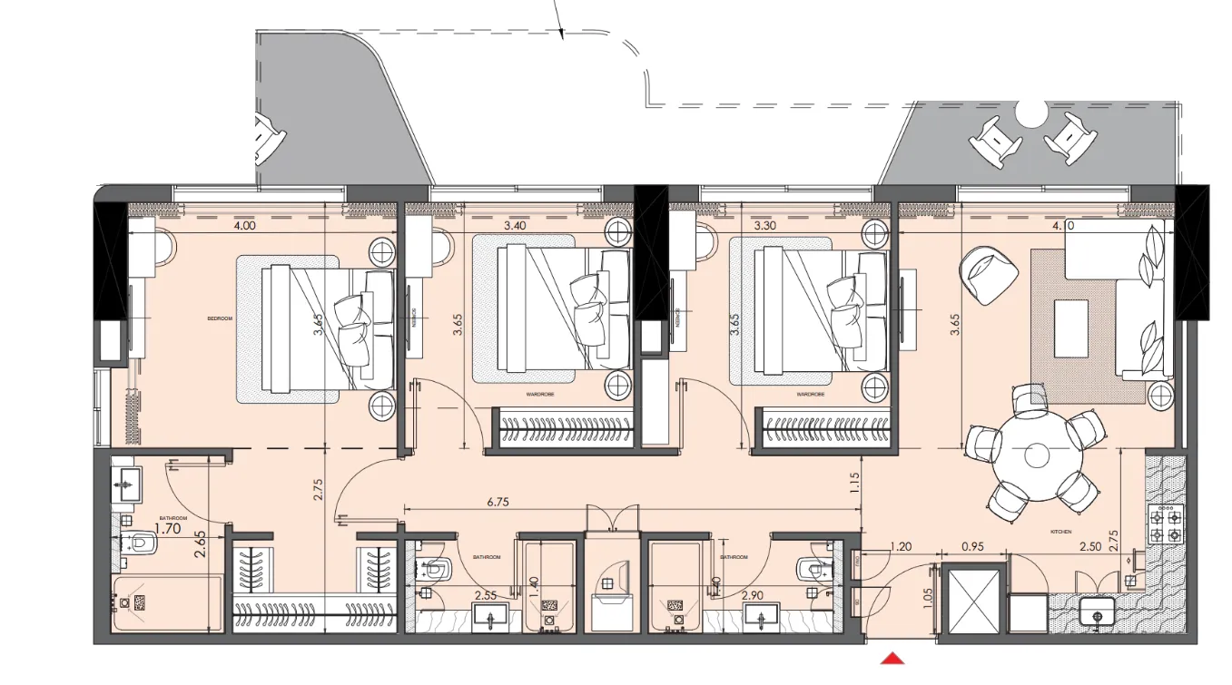 Azizi Wasel 3 bed floor plan, 1,366 sqft