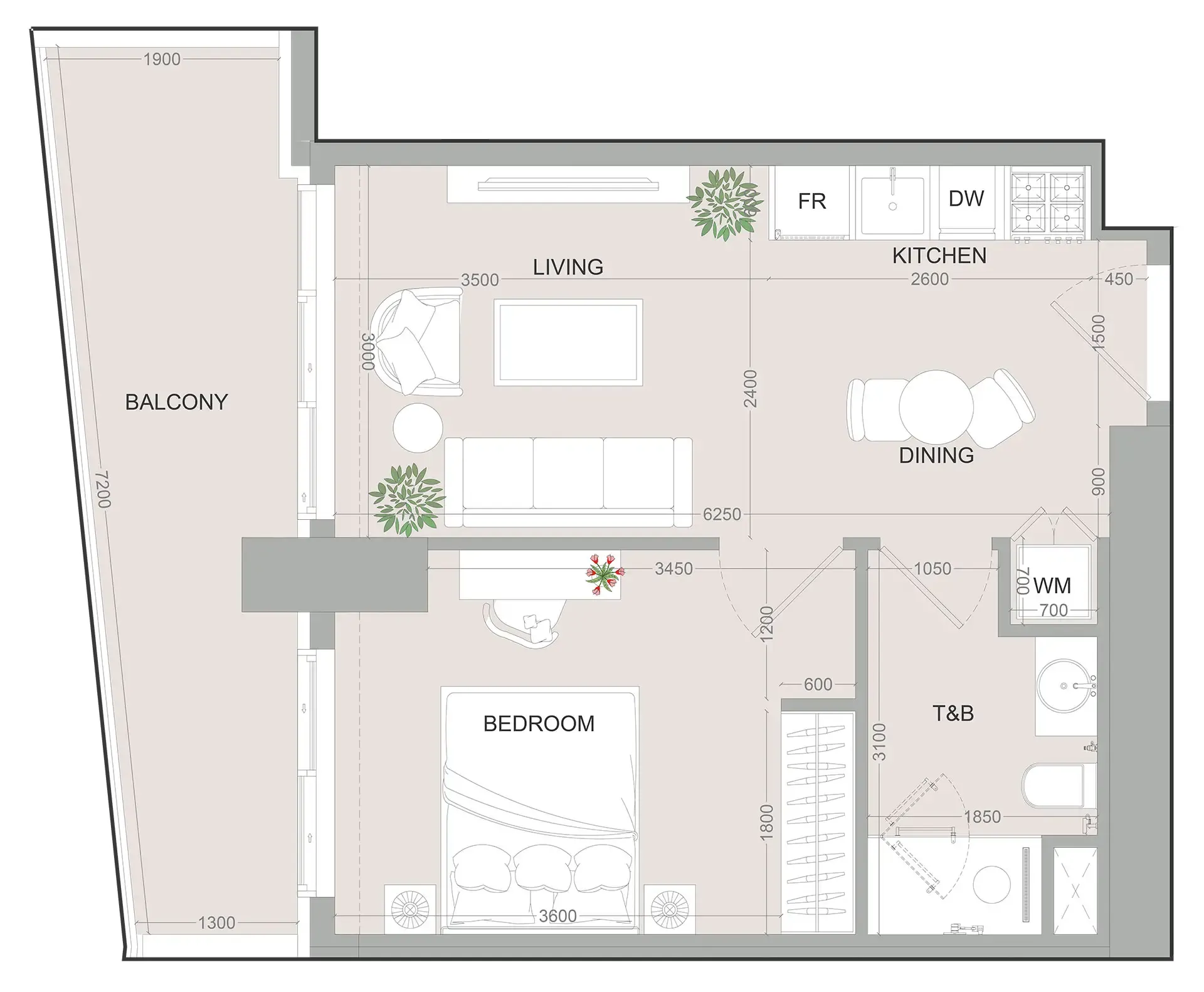 A1LA Residence 1 bed floor plan, 948 sqft
