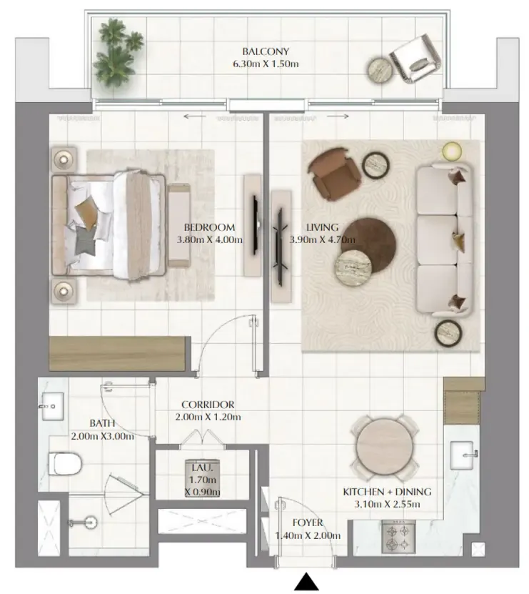 Valia 1 bed floor plan, 817 sqft