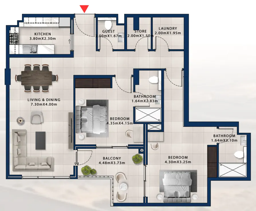 Asayel Avenue 2 bed floor plan, 1,432 sqft