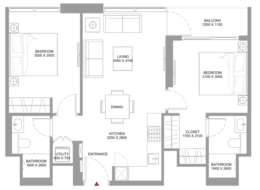 Starline Beach Residences 2 bed floor plan, 775 – 776 sqft
