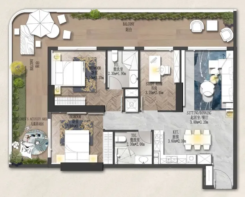 Forest City 2 2 bed floor plan, 1,418 sqft