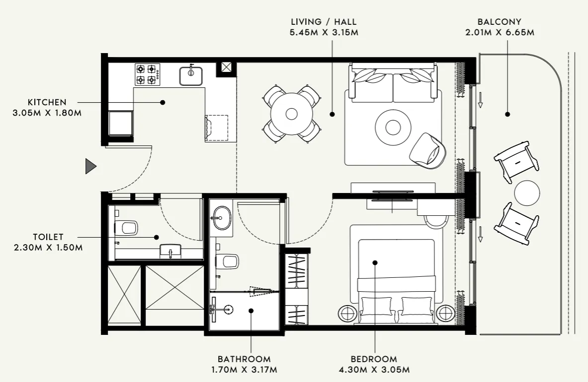 Azizi Venice 1 bed floor plan, 745 sqft