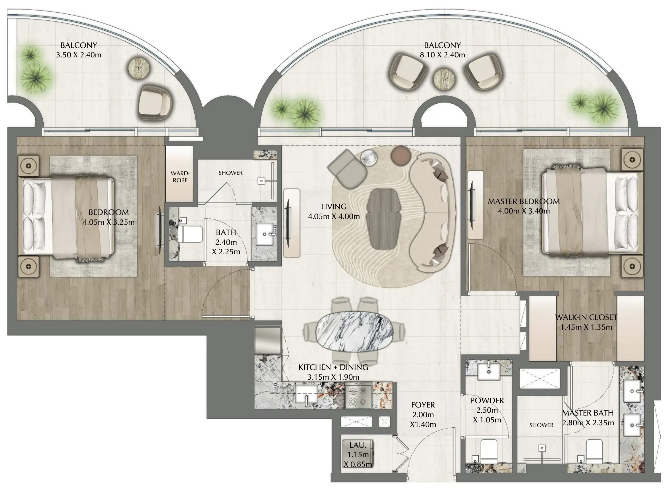 One Residence 2 bed floor plan, 1,222 sqft