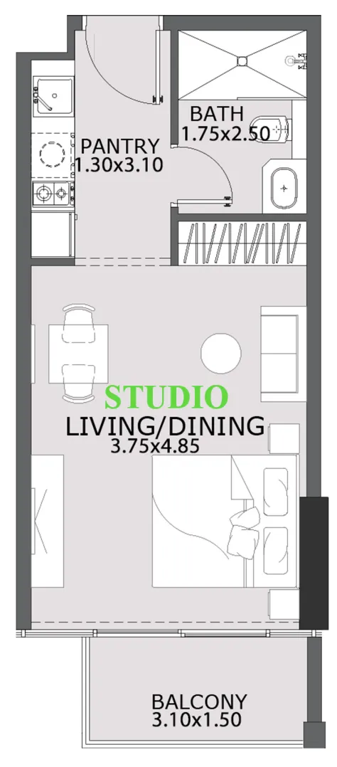 Provenza Residences Studio floor plan, 399 sqft