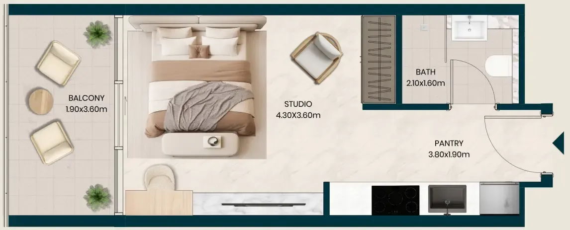 Kyomi Residences Studio floor plan, 385 sqft