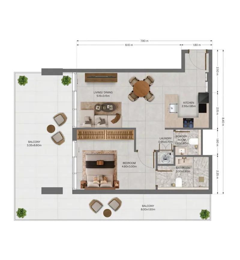 The Archive 1 bed floor plan, 1,080 sqft