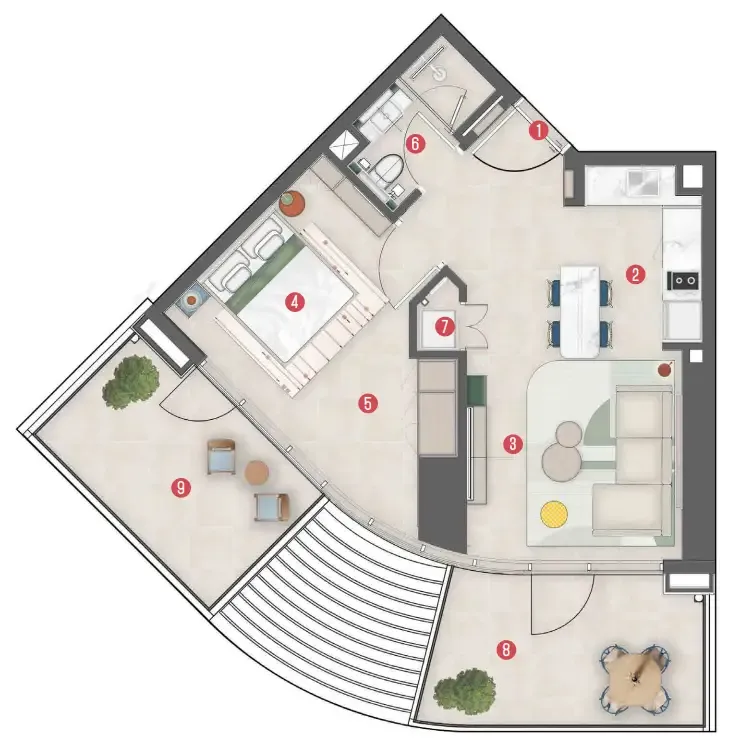 Rove Home Meydan Horizon 1 bed floor plan, 689 sqft