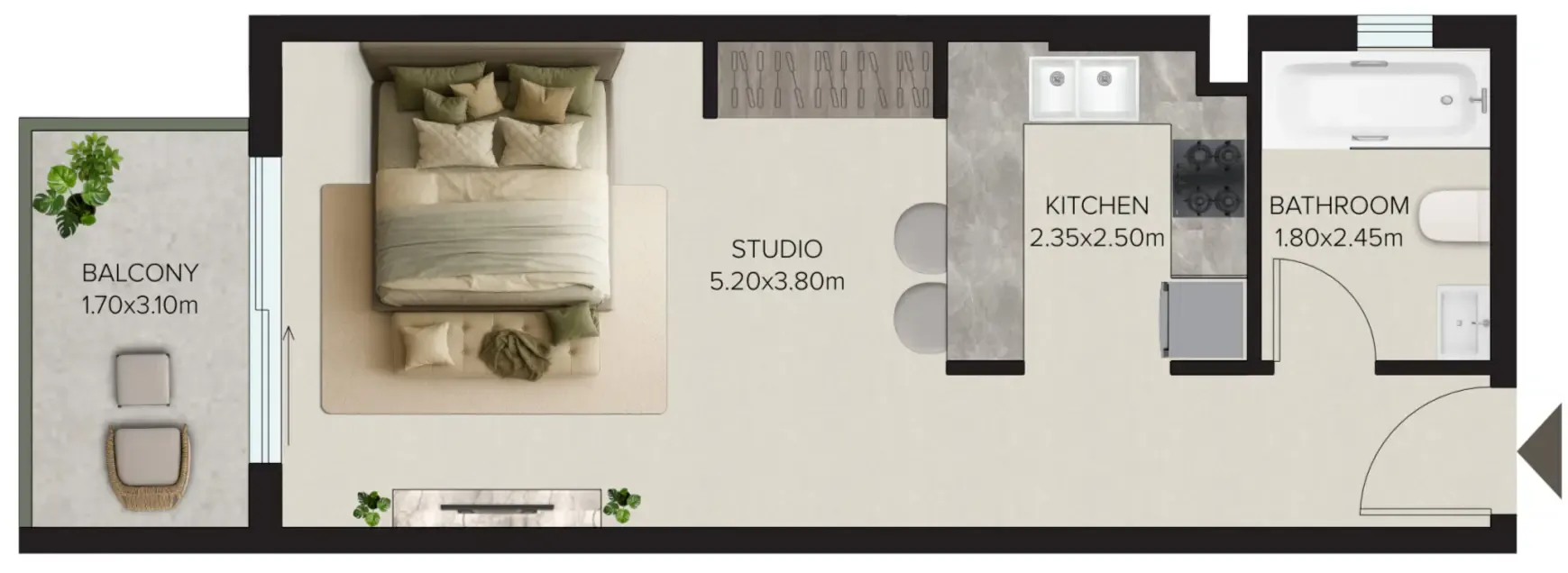Esplora Studio floor plan, 480 sqft